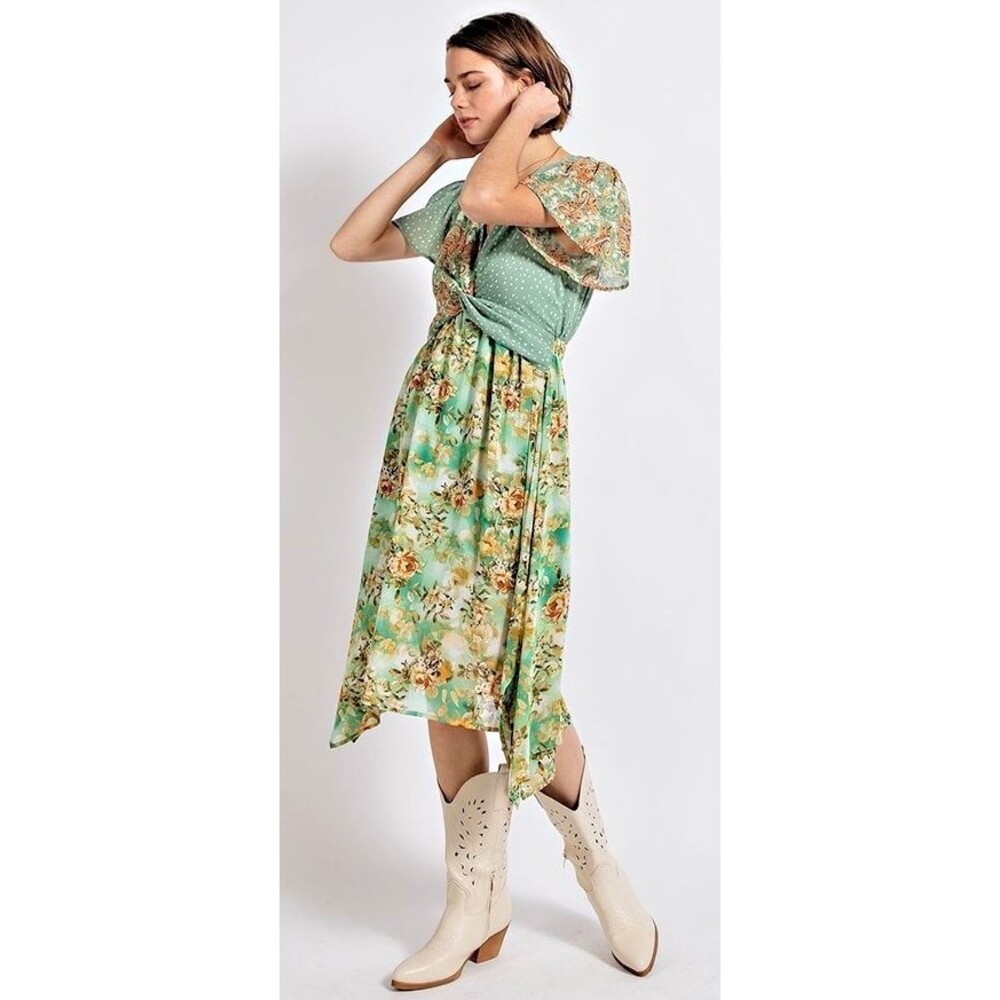 NWT GIGIO L 12 14 Green Floral Dot Twist Waist Asymmetrical Boho Chic Dress